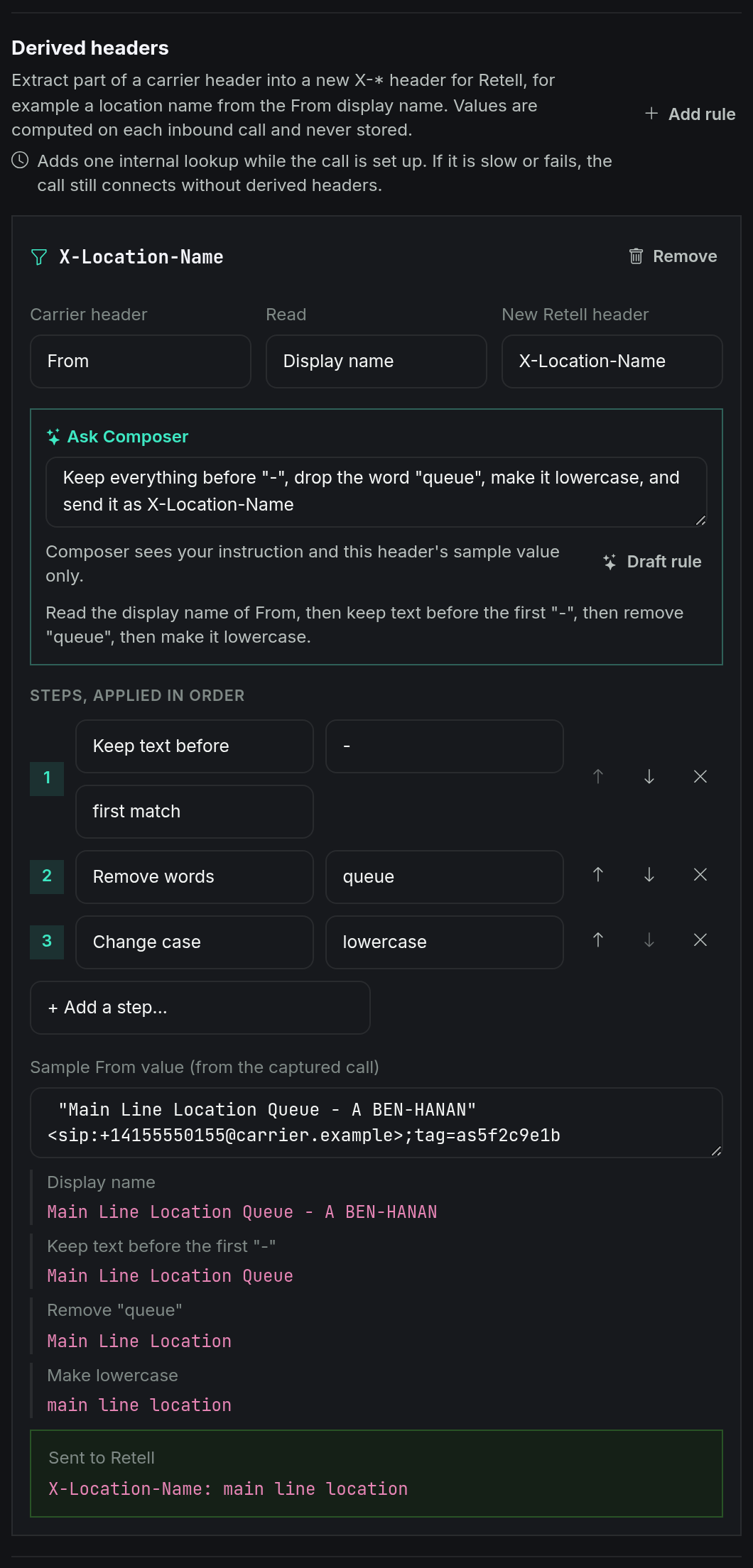 Derived rule drafted by Composer with a step-by-step preview