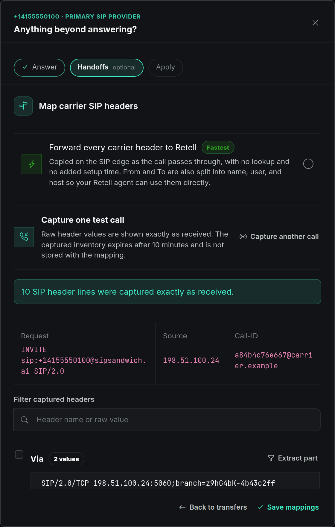 Map carrier SIP headers step with a captured call